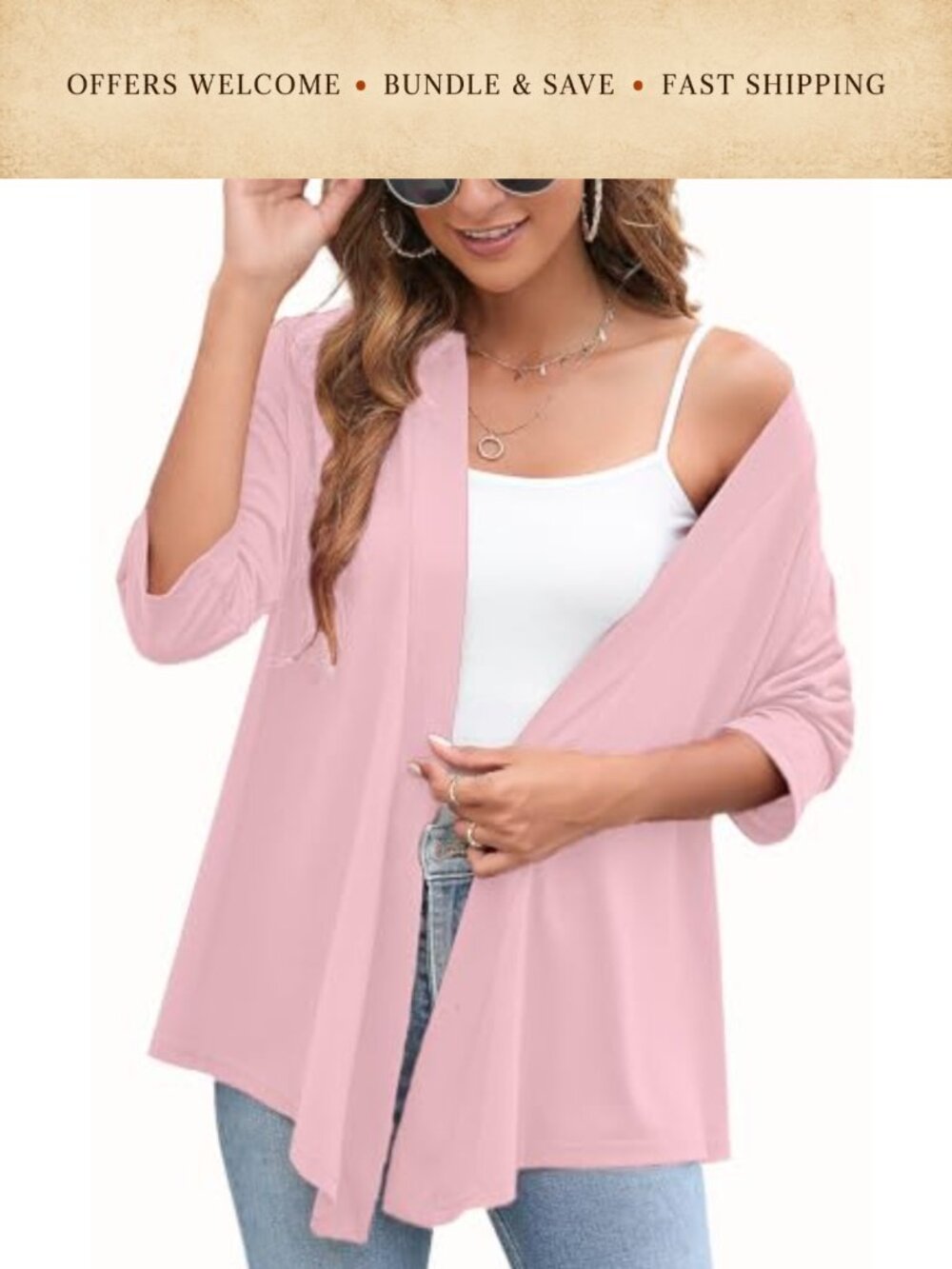 Women's Lightweight Draped Open Front Cardigan 3/4 Sleeve Flowy Knit Top